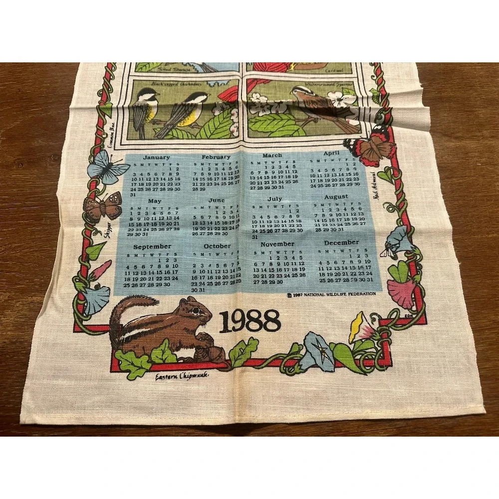 Vintage 1988 Printed Cloth Hanging Wall Calendar Tea Towel Butterfly Flower Bird